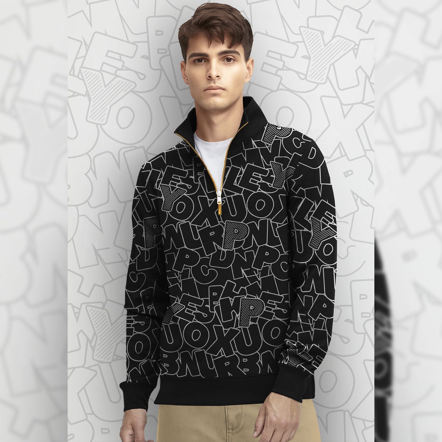 Black And White High Neck All Over Printed Sweatshirt