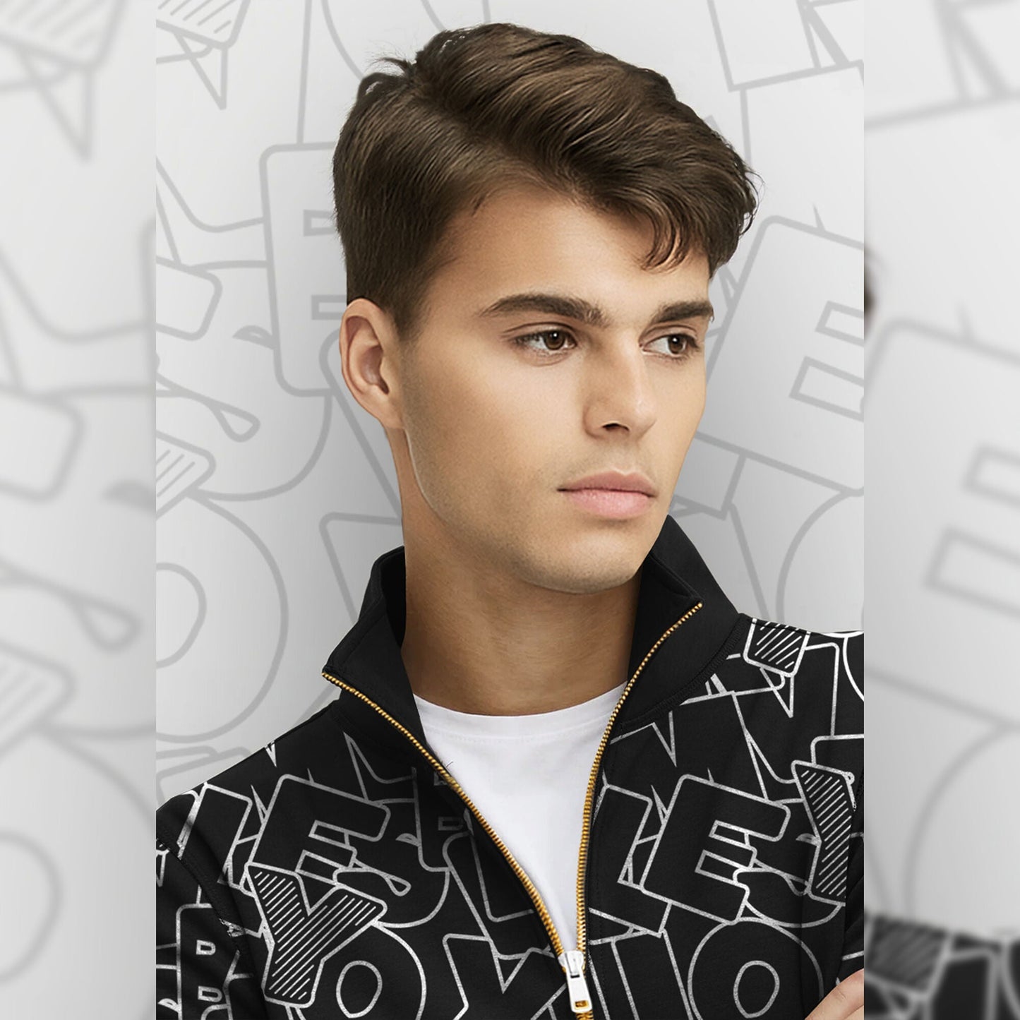 Black And White High Neck All Over Printed Sweatshirt