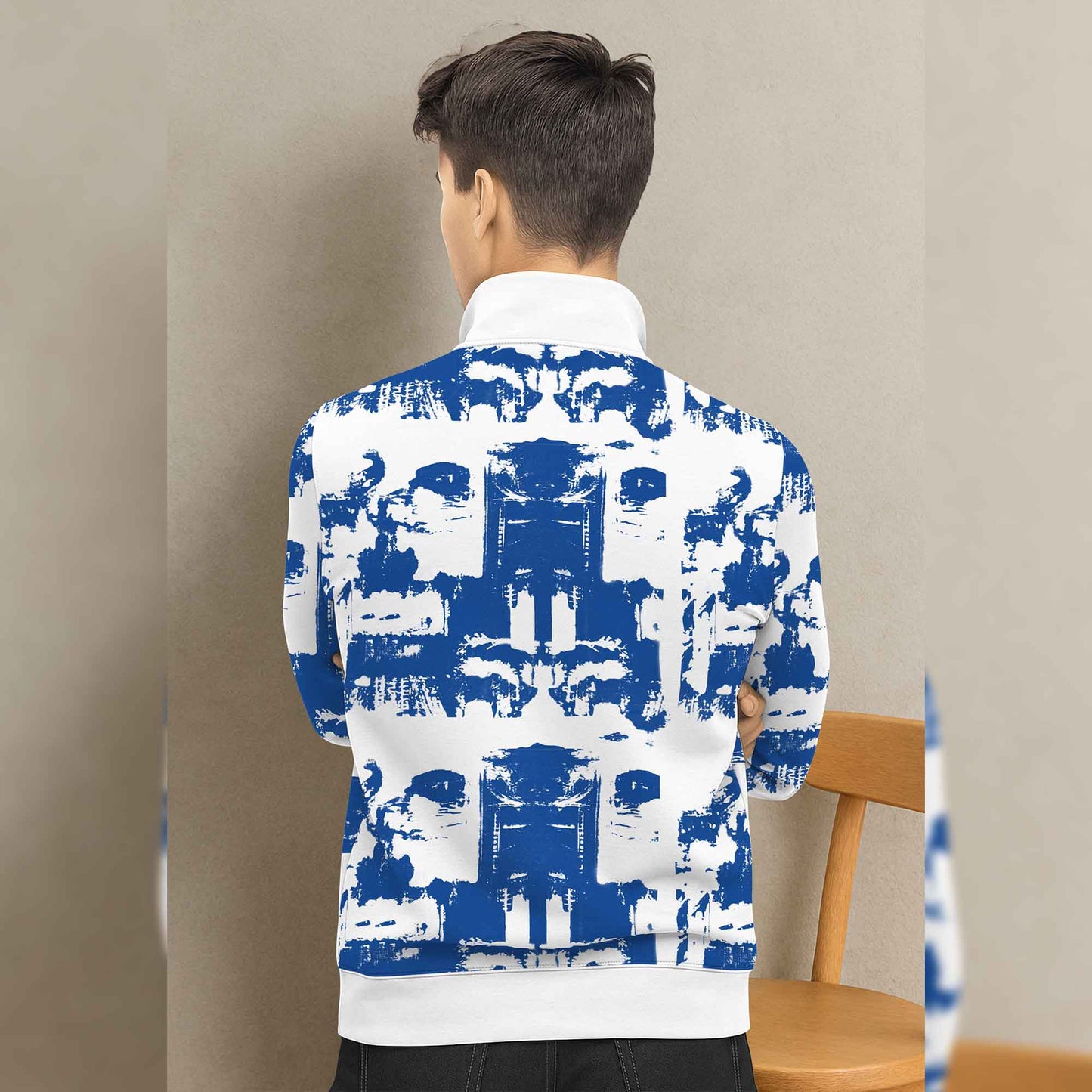 White & Blue High Neck Quarter Zip Up All Over Printed Sweatshirt