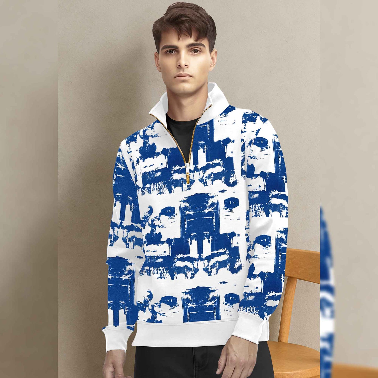 White & Blue High Neck Quarter Zip Up All Over Printed Sweatshirt