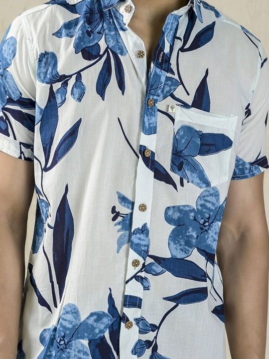 Men's Classic Spread Collar Floral Printed Cotton Casual Shirt